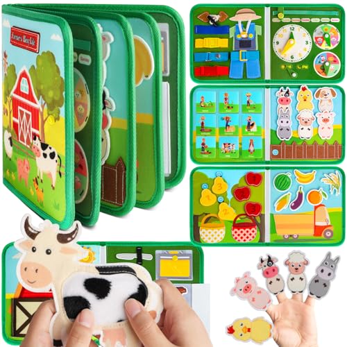 Quanquer Farm Busy Book with Talking Flash Cards for Toddlers 1-3