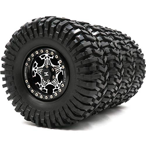 hobbysoul 4pcs RC Crawler 2.2 Mud Terrain Tires Sticky Tyres Height:125mm & Aluminum 2.2 Beadlock Wheels Rims Silver/Black Color