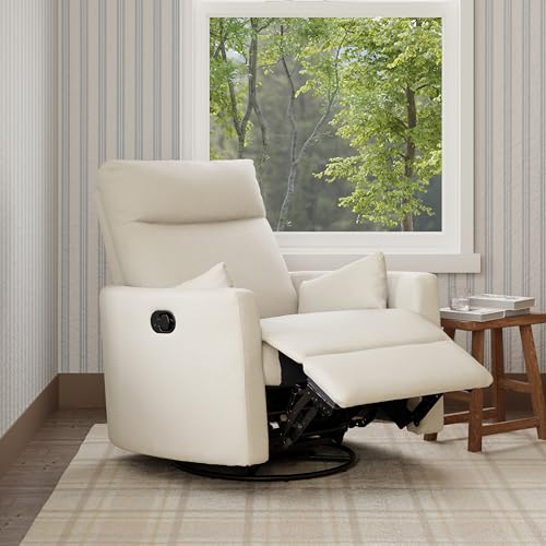 Image of Davinci Atlas Upholstered Recliner and Swivel Glider in Vanilla | Nursery Glider Chair with High Back, Padded Armrests, and Bolster Pillows | Smooth Recline for Nursing and Feeding