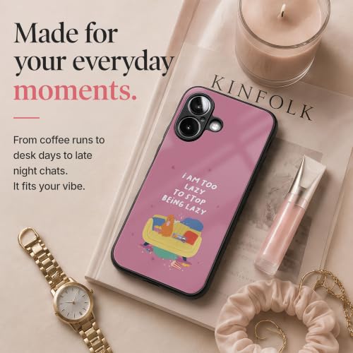 Image of Stylish Designer Glass Case Compatible with Samsung Galaxy S23 FE 5G Back Cover for Women & Girls | Pink Lazy Quote, Glossy & Scratch-Resistant Finish