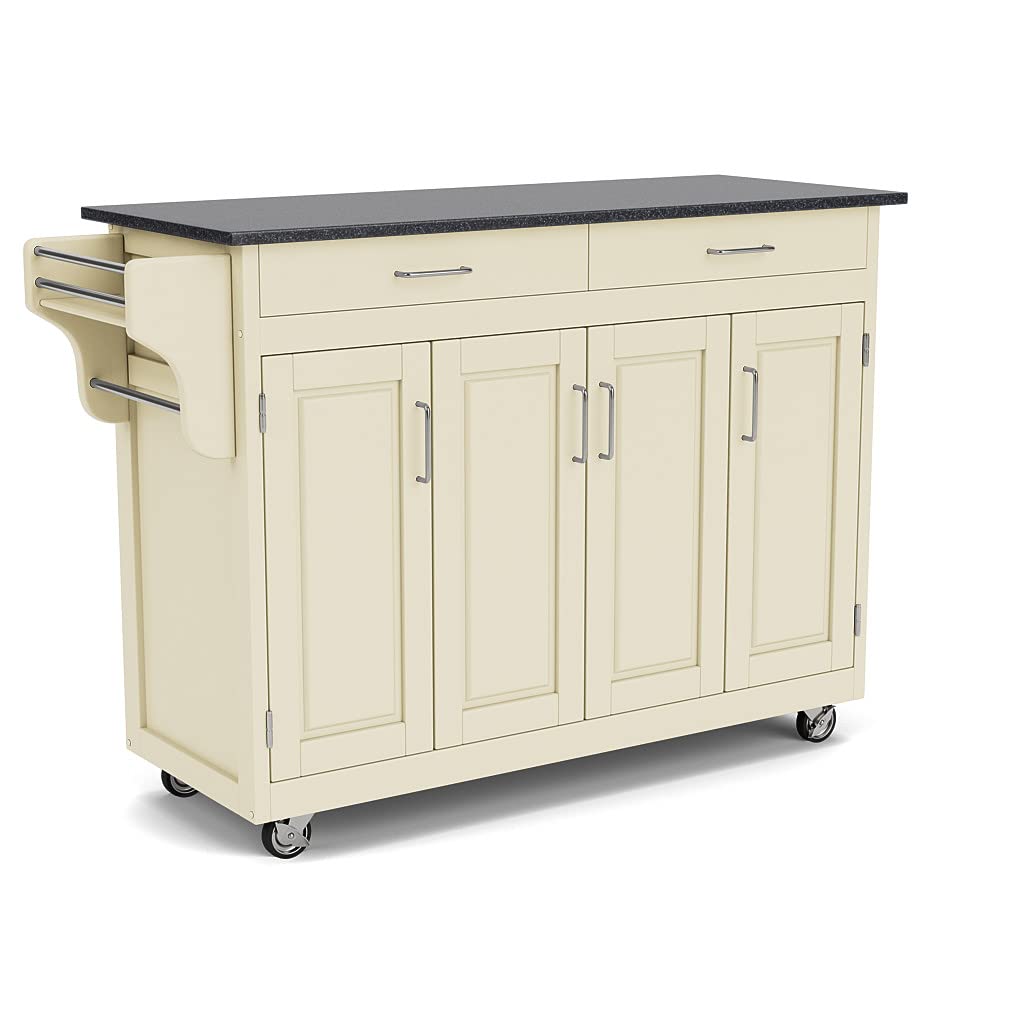 Home Styles Mobile Create-a-Cart White Finish Four Door Cabinet Kitchen Cart with Black Granite Top, Adjustable Shelving