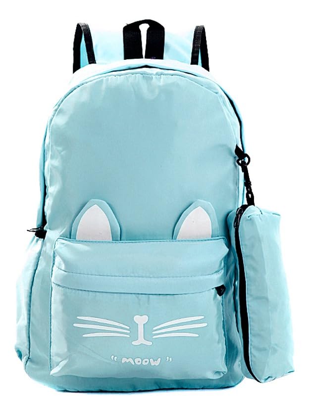 Mochila Escolar Feminina Azul Claro de Gatinha Bolsa + Estojo