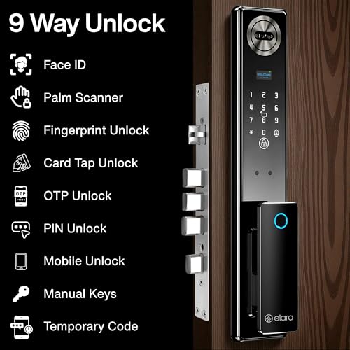 Image of Elara Apex Edge Smart Door Lock, Fingerprint, Card, App, OTP, Keys, PIN Unlock, Palm Unlock, Face Recorganisation, Alarm Alert, Bluetooth & WiFi. (Apex Edge)