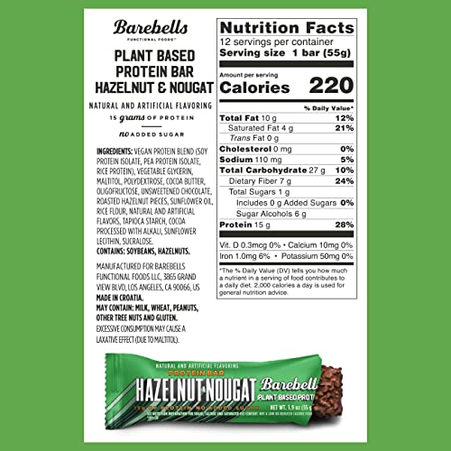 Barebells Vegan Protein Bars Hazelnut & Nougat - 12 Count, 1.9Oz Bars - Plant Based Protein Bar With 15G Of High Protein - Chocolate Protein Snacks With 1G Of Total Sugars - On The Go Breakfast Bars #TOP5