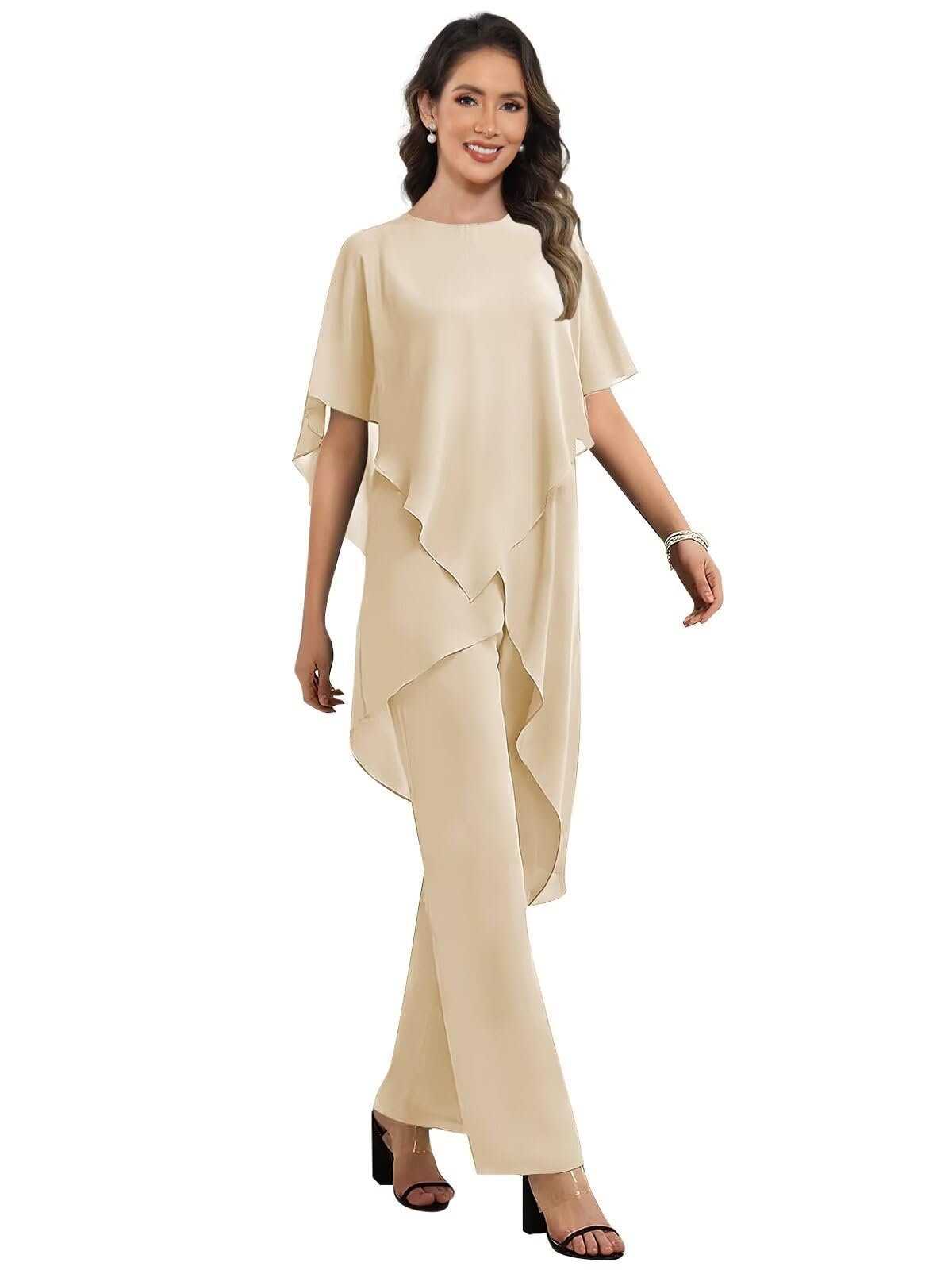 JAEDEN Chiffon 2 Teiler Hosenanzug Damen Halbarm Brautmutter Hosenanzug für Hochzeit