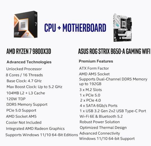 Image of MICRO CENTER AMD 9800X3D Processor with ASUS ROG Strix B650-A Motherboard | CPU Motherboard Combo, AMD Ryzen 7 9800X3D CPU Processor, AM5, DDR5, PCIe 4.0 Support, USB 3.2 Gen 2x2 USB Type-C