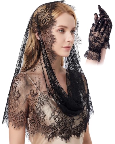 Funnysoft Black 2 Pcs Gothic Lace Mantilla Veil and Gloves Set Halloween | Floral Headwear for Church Wedding Costume Party, Fingerless Vintage Accessory, Women Sheer Scarf, Gothic Theme