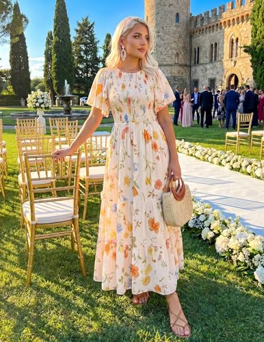 Image of ZESICA Women's 2026 Summer Boho Floral Maxi Dresses Casual Short Flutter Sleeve Smocked Tiered Flowy Dress