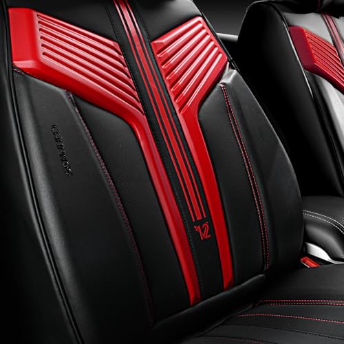 Image of CAR PASS Nappa Leather Seat Covers, Breathable Waterproof Car Seat Covers Full Set, Luxury Leather Front and Back Seats Full Coverage, Universal Fit SUV Pick-up Truck Sedan Automotive(Black Red)