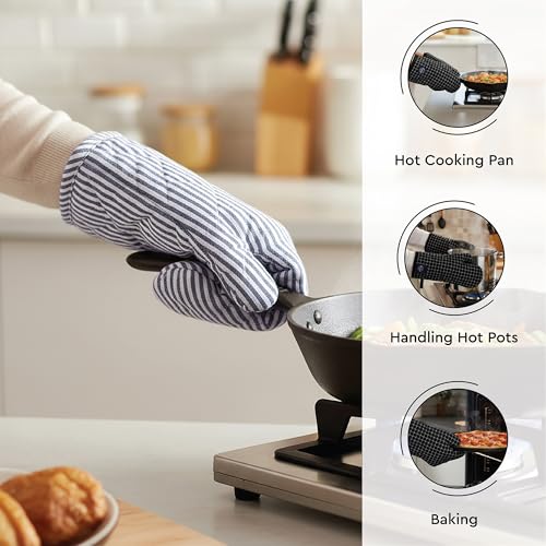 Image of Encasa XO 100% Cotton Apron Set for Women & Men with Adjustable Apron, Oven Gloves & Pot Holder (Pack of 3) Combo, Heat-Resistant, Soft & Durable for Cooking, Baking & Grilling (Ticking Navy Blue)