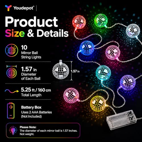 Youdepot - Bolas espejadas de discoteca de 8 pulgadas, paquete con 54 bolas espejadas mini y luces de cadena multicolor para fiestas miniatura 4