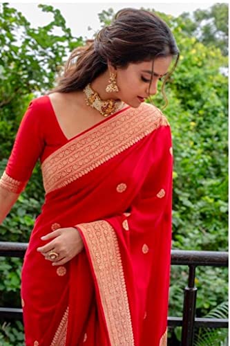 Image of Flosive Women's Present Banarasi Soft Lichi Silk Saree Beautiful Jacquard Rich Pallu Design Work Zari Woven Ayn Kanjivaram Silk Style Saree With Soft Lichi Silk Blouse Piece (Royal Red)