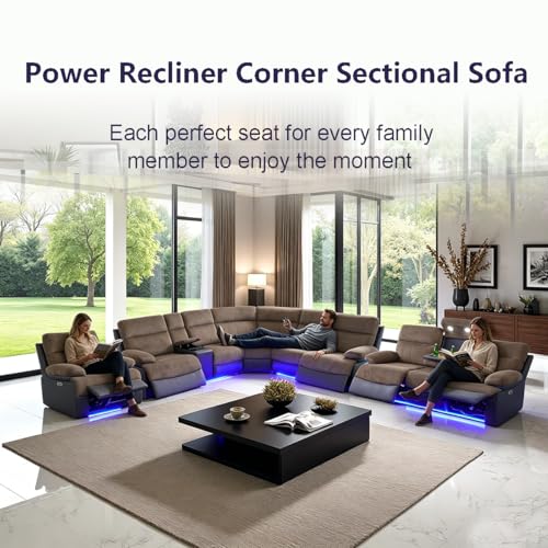 Image of Power Recliner Sectional Sofa Set with LED Light,L Shaped Corduroy Sectional Couch Set with 5 Recliner Seats,Modular Couches with USB Ports for Living Room Furniture