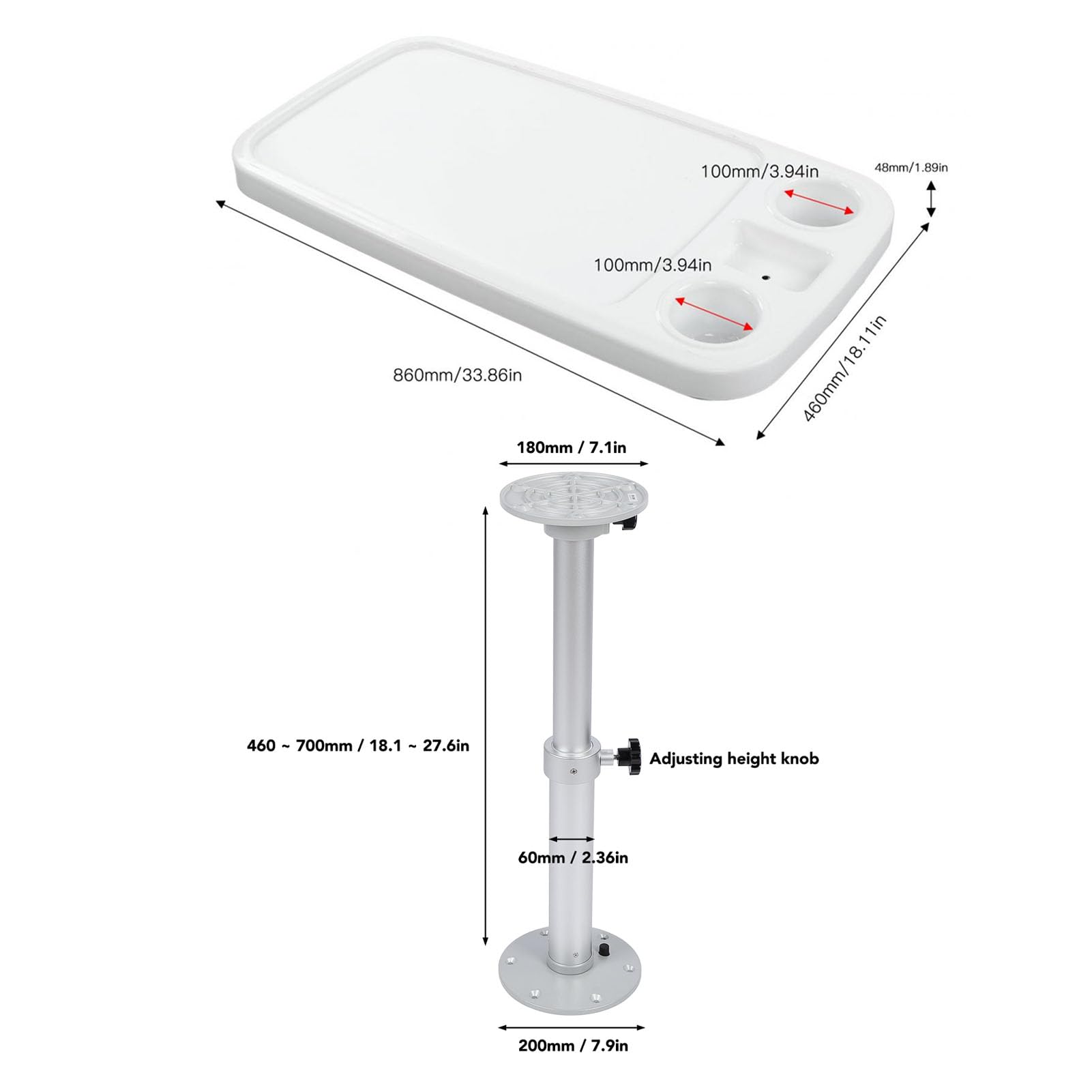 Tavolo per Camper 460-700 Mm Tavolo per Barca Rimovibile in Altezza Regolabile e Set di Base con 2 Portabicchieri Set Tavolo per Barca Rimovibile per Ponte di Pontone per Yacht