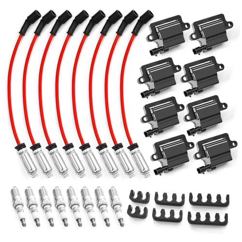 Yunnergo 8 Pack Square Ignition Coil D581 UF-271 & Iridium Spark Plug Wire M8-48322R Compatible with Silverado 1500 2500 3500 4.8L 5.3L 6.0L 8.1L 1999-2007 12556893 12558693 12570553 3859078 38590782