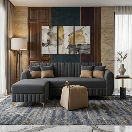 Image of CASASTYLE Signature Velour 4-Seater L-Shape Sofa Set with Movable Ottoman & Suri Pouf | Flexible LHS /RHS Layout | Boston Fabric | 40D Foam + Zigzag Spring | 3-Yr Warranty (Ash Grey, Sand Beige)