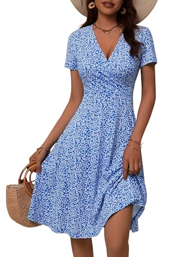 Image of MSBASIC Womens Summer Wrap V Neck Casual Dresses Floral Short Sleeve A-Line Midi Sundress