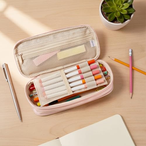 Image of Amazon Basics Large Capacity Pencil Case with Durable Zipper, Multi-Compartment Pouch for School Supplies, Storage Space, Easy to Carry, Rose Mild