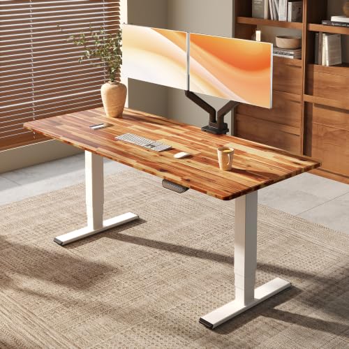 Image of FLEXISPOT E6 MAX Woodix Acacia Solid Wood 48 inchx24 inch Dual Motor Heavy Duty Standing Desk, 330lbs Capacity, 3-Stage Height Adjustable Desk w /Cable Management & Wheels(Natural Acacia Wood + White Frame)