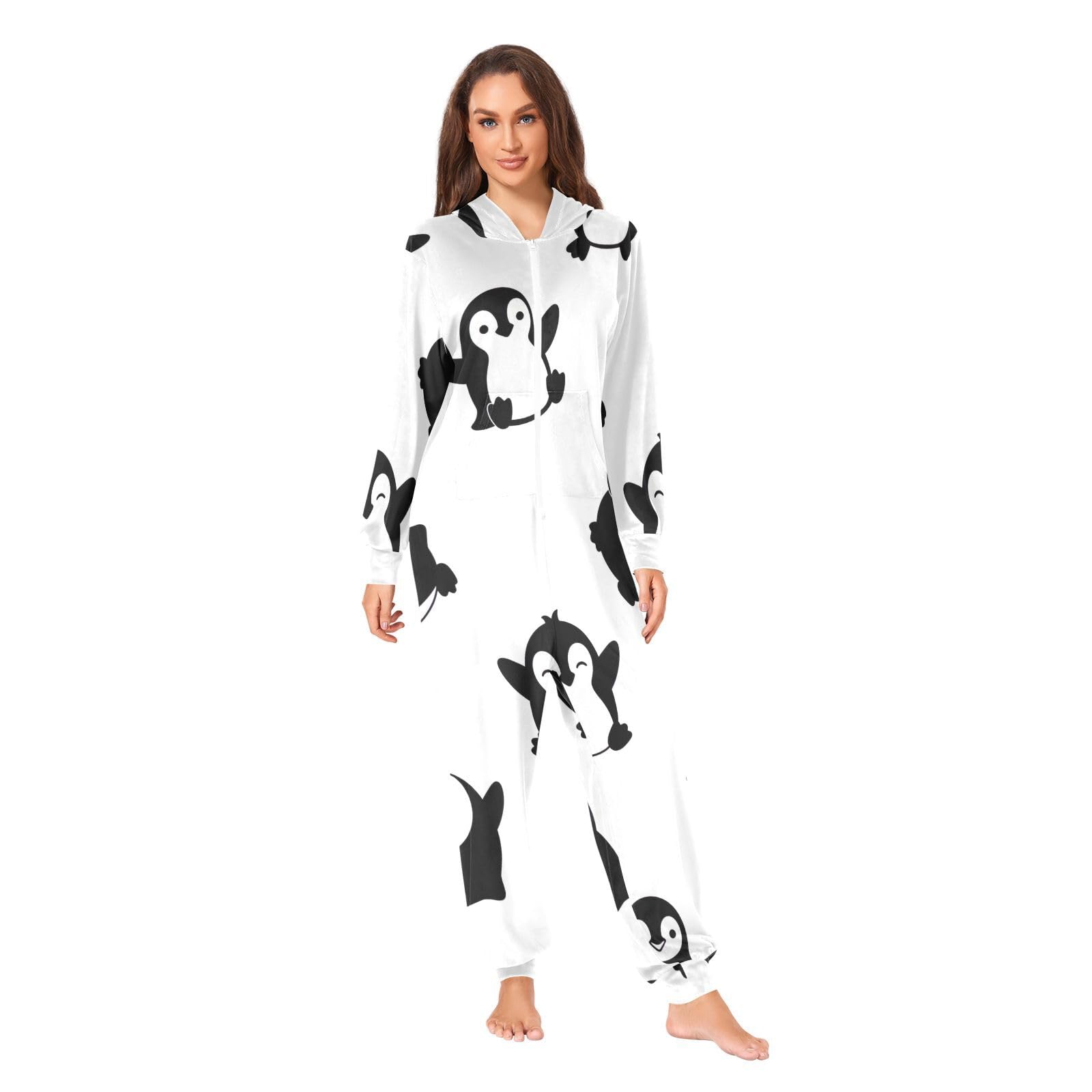 Pijama de pingüino blanco con capucha y cremallera para invierno 8