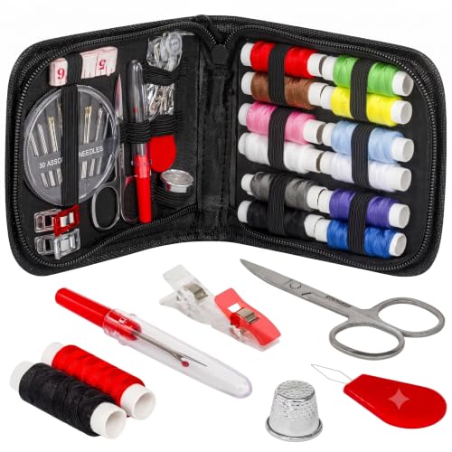 Image of ARTIKA Travel Sewing Kit, 59-Piece Portable Kit for Travel, Includes Scissors, Thread, Tape Measure - Sewing Accessories and Supplies | Mini Emergency Repair Sewing Kit, Beginner Set with Multicolor Thread, Needles, Scissors, Thimble, Clips & Travel Case
