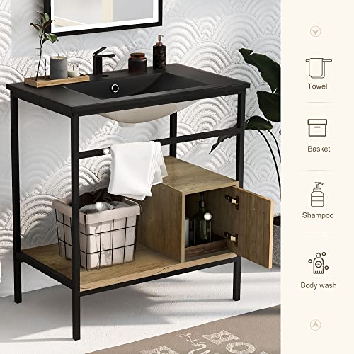 Juofone 30" Bathroom Vanity With Single Sink, Modern Bathroom Storge Cabinet With Door And Open Shelves, Freestanding Bathroom Sink Vanity Combo, Metal Frame, Easy Assemble, Black #TOP5