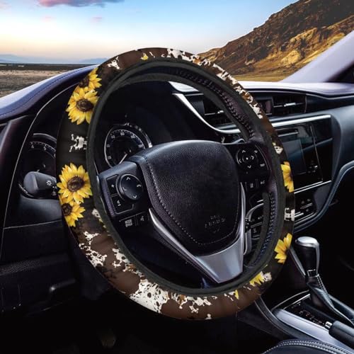 FUIBENG Funda protectora para volante de 15 pulgadas con diseño de girasol de vaca para mujeres y hombres, amantes del girasol, color marrón, accesorio protector elástico y antideslizante