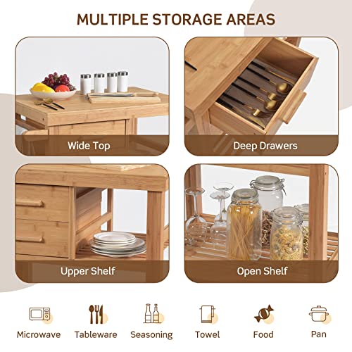 Happygrill Kitchen Island With Storage, Rolling Kitchen Cart With Shelves And Drawers, Multi-Purpose Bamboo Utility Cart Serving Cart On Lockable Wheels With Towel Rack #TOP7