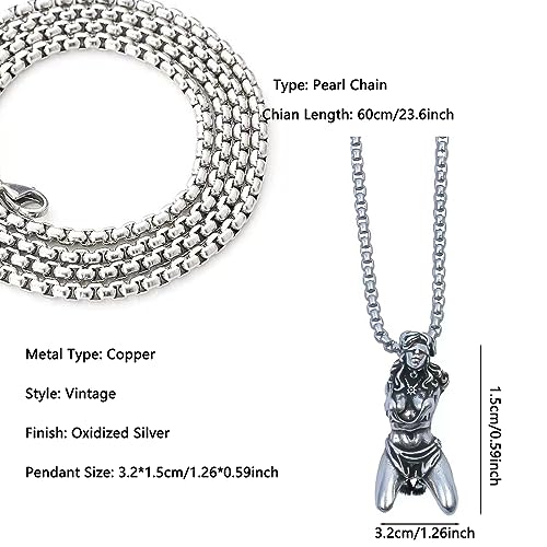 Silver Plating Suffering Goddess Pendant Necklace For Men, Vintage Pearl Chain Bound Goddess Pendant Amulet Statement Religious Jewelry4