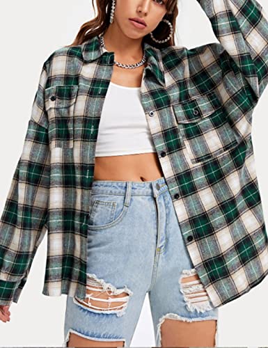 Womens Classic Plaid Shirt Long Sleeve Cotton Button Down Up Shirts Stylish Oversized Loose Fit Blouse V Neck Tops2