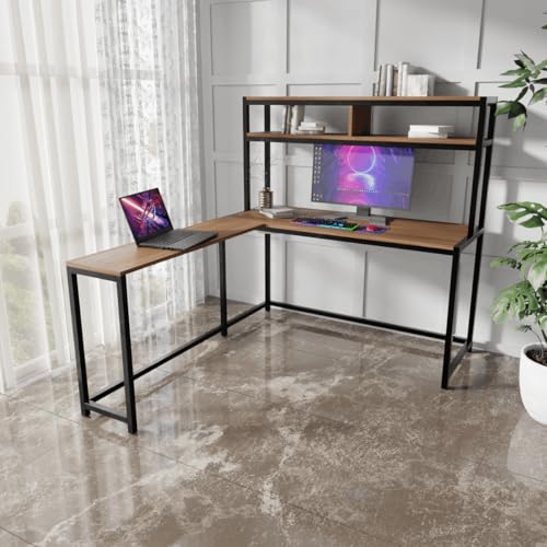 Image of Riyan Luxiwood Hutch Corner Study Table with Two Tier Shelf, Multi-Utility Office Table, Large Work Space, Corner Desk (150 X 150 X 150 Cm) (Beige)