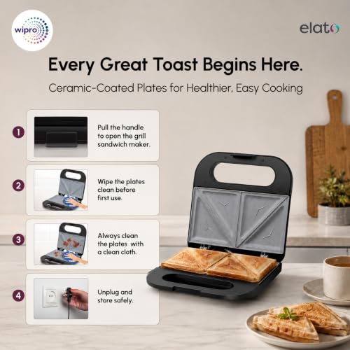 Image of Wipro Elato BS102 Signature 800W Toast Sandwich Maker|Ceramic Coated Plates|BPA Free|PTFE, PFAS & PFOA Free|Auto Temperature Control|Cool Touch Handle|Fits 2 Regular Bread Slices|2 Year Warranty