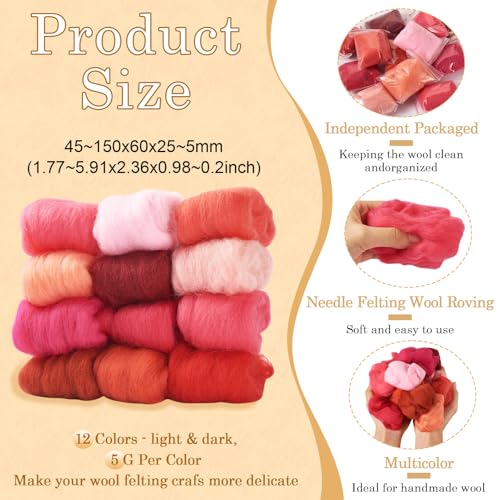Image of Boutigem 12 Colors 2.11oz Red Wool Roving, Felting Wool for DIY Craft, Needle Felting Wool Supplies, Spinning Wool Roving for Needle Felting, Fiber Wool Yarn for Hand Spinning, Weaving and Blending