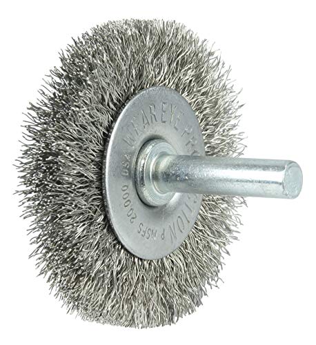 Image of Weiler 17974 2 inch Stem-Mounted Crimped Wire Radial Wheel, .008 inch Stainless Steel Fill, 1 /4 inch Stem, Made in The USA (Pack of 10)