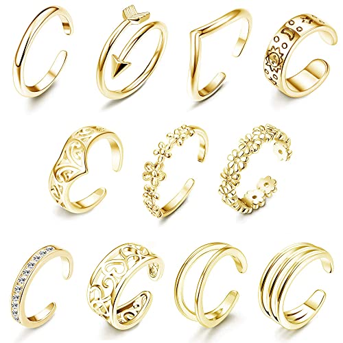 LOLIAS 12Pcs Open Toe Rings for Women Girls Arrow Adjustable Toe Band Ring Gifts Jewelry Set,Gold