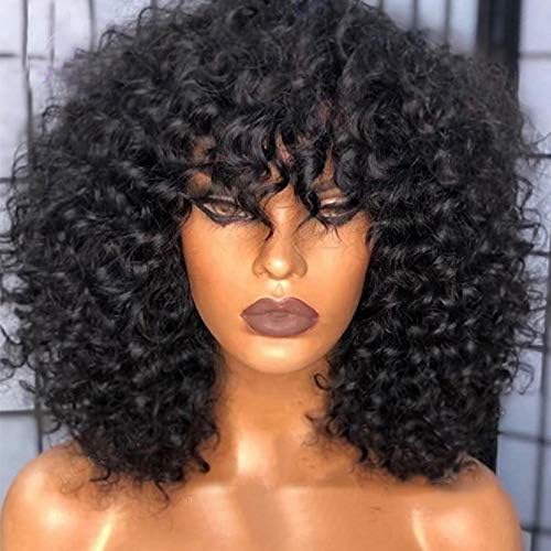 Flowerseason Hair 200 Density Scalp Top Curly Full Machine Made Human Wigs with Bangs Remy Brazilian Short Curly Wig For Women (14 Inch)