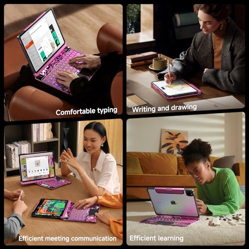 Image of Clear Keyboard Case for iPad Air 11 Inch (M4 /M3 /M2, 2026 /2025 /2024) / iPad Air 5th /4th Generation 10.9 inch / iPad Pro 11 inch 1st /2nd /3rd /4th, Trackpad, Pencil Holder, 7-Color Backlit, Rotatable,Pink