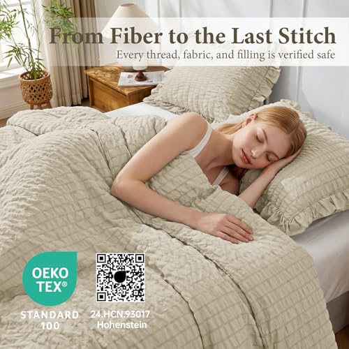 Image of JOLLYVOGUE Full Size Comforter, 3 Pieces Linen Seersucker Lightweight Full Size Bedding, All Season Fluffy Microfiber Bedding Comforter Set with 1 Ruffle Comforter and 2 Ruffle Pillowshams