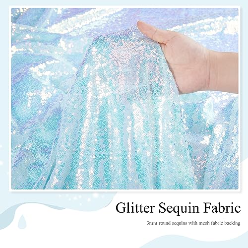 Image of Mermaid Blue Sequin Backdrop 2 Pcs 2ftx8ft Glitter Backdrop Curtains for Mermaid Themed Birthday Party Decorations