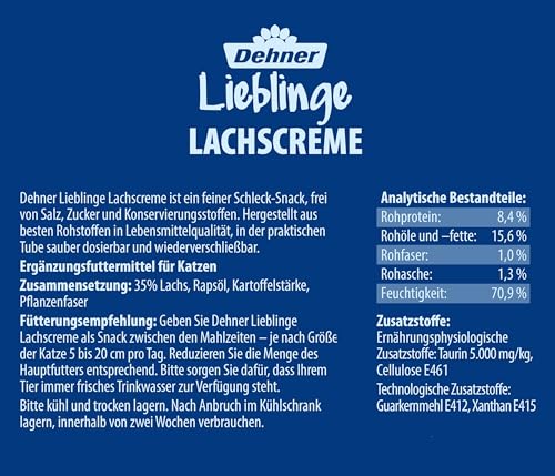 Dehner Lieblinge Katzensnack, Leckerli Creme zuckerfrei, für ausgewachsene Katzen, Lachs, 6 x 75 g (450 g)