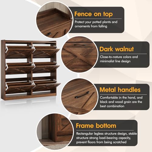 Image of Maupvit Large Shoe Storage Cabinet with 6 Flip Drawers, Freestanding Shoe Organizer with Metal Handles for Entryway, Narrow Shoe Rack Cabinet, Dark Walnut