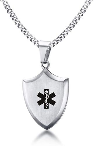 LiFashion LF - Collar con colgante de acero inoxidable personalizado ICE SOS para hombre, grabado gratuito para hombre, de alerta médica, escudo de