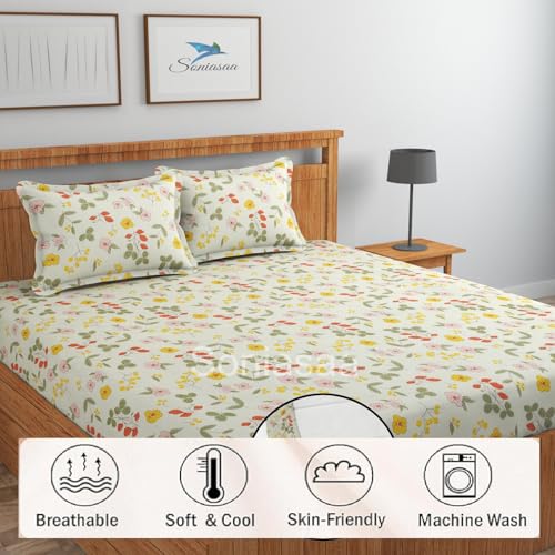 Image of 202 TC Cotton Feel All Around Elastic Fitted Bedsheet, Elastic Fitted Bedsheet King Size Bedsheet for Double Bed with 2 Pillow Covers, Size - 72 x 78 x 8 Inch Color Pista