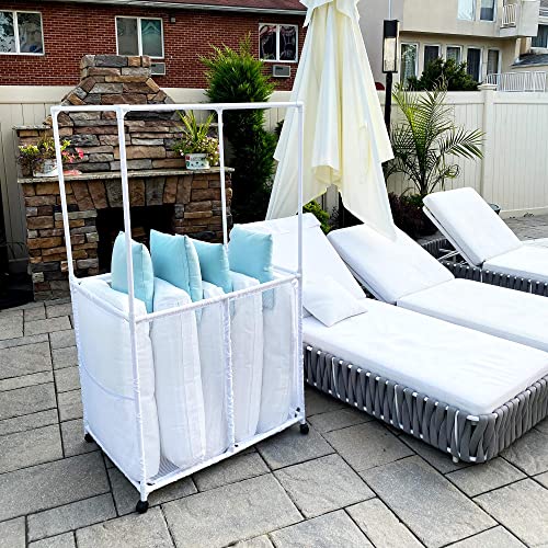 Pool Bins Pool Equipment Holder with Towel Drying Bars, Mesh Rolling Multi Use Storage Organizer Bin, Large Towel Hanger (25" L x 34.5" W x 62.6" H), White
