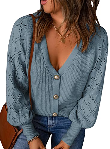 Dokotoo Strickjacke Damen V-Ausschnitt Cardigan Elegant Einfarbig Kurz Strickmantel Strickcardigan Herbst Winter Strickpullover Jacke mit Knopf, himmelblau, M Cover