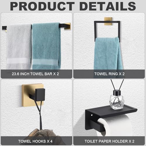 Image of 10 Pcs Bathroom Accessories Set, 24 Inch Bathroom Hardware Set, Stainless Steel Bath Towel Bar, Towel Racks, Robe Hook, Toilet Paper Holder with Phone Shelf Wall Mounted for Gifts (Black Gold)