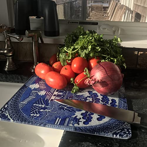 Blue Willow Tempered Glass Cutting Board for Kitchen, 15in x 12in