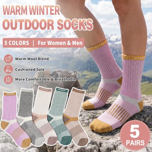 Image of MOGGEI 5 Pairs Merino Wool Hiking Socks Warm Thermal Winter Cozy Cushioned Moisture Wicking Socks for Women & Men