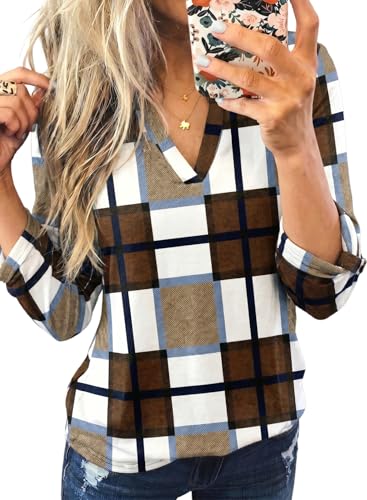 Image of Dokotoo Womens Tops Plaid Cotton Cuffed 3 /4 Sleeve Shirts Blouses