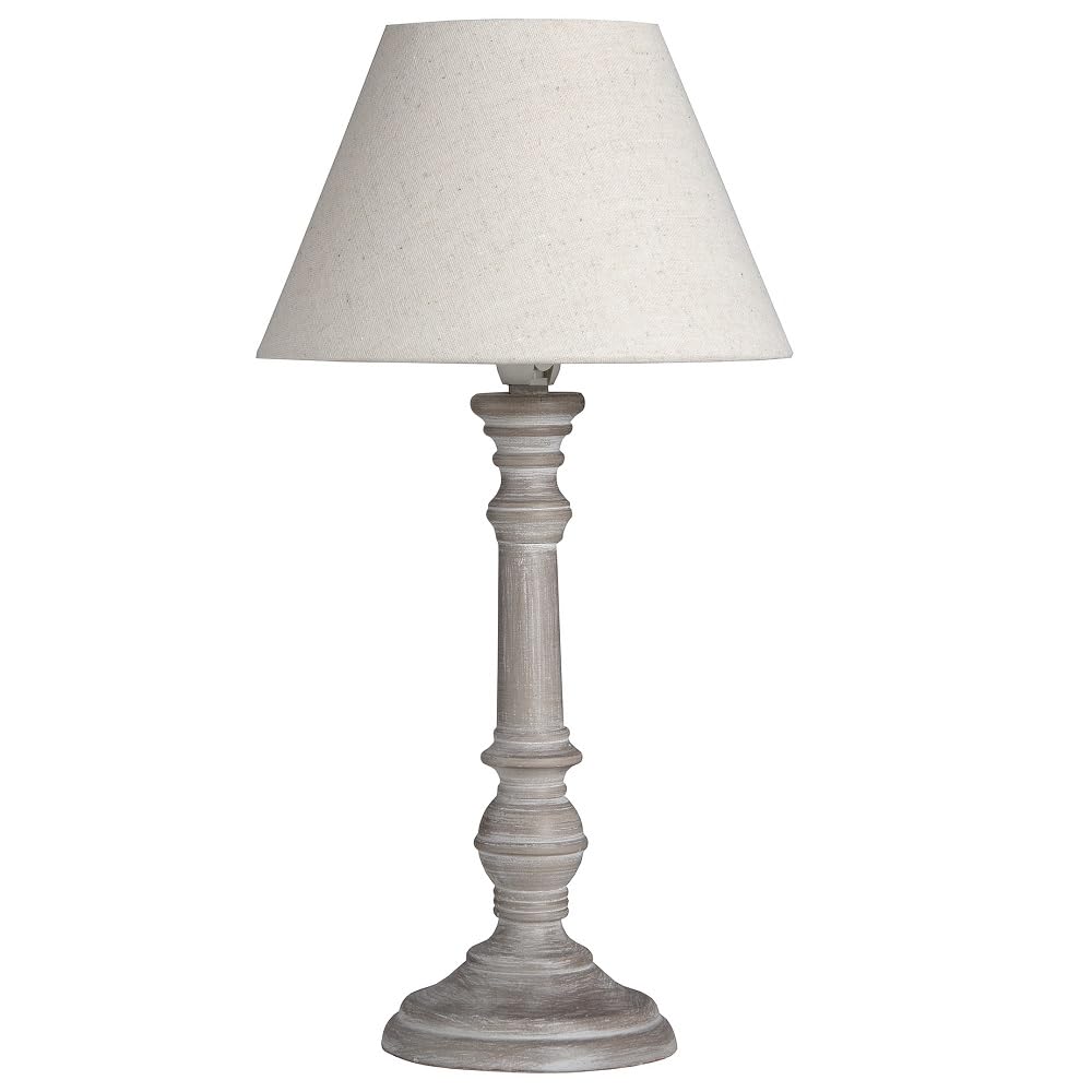 Grey Washed Wood Vintage Rustic Candlestick Stem Table Lamp with Linen Fabric Tapered Shade | 38cm Height | 1 x ES E27 Lamp Required | in-Line On Off Switch | Wooden Hand Lathe Turned